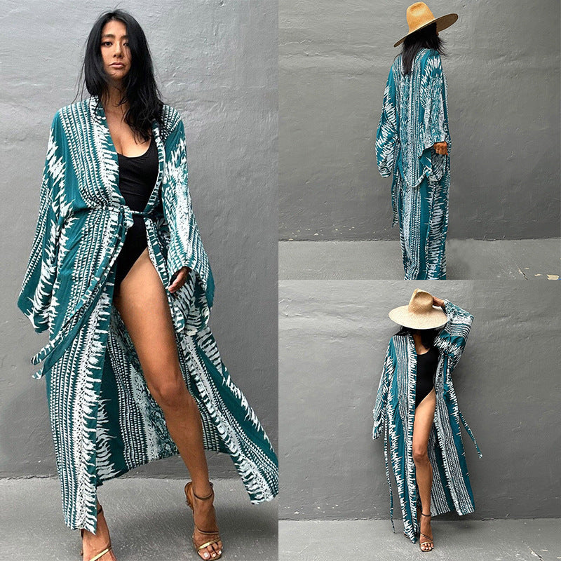 Rayon Printed Vacation Wide Sun Protection Shirt Beach Coat Beach Cover Up Swimsuit Outer Wear Long Cardigan