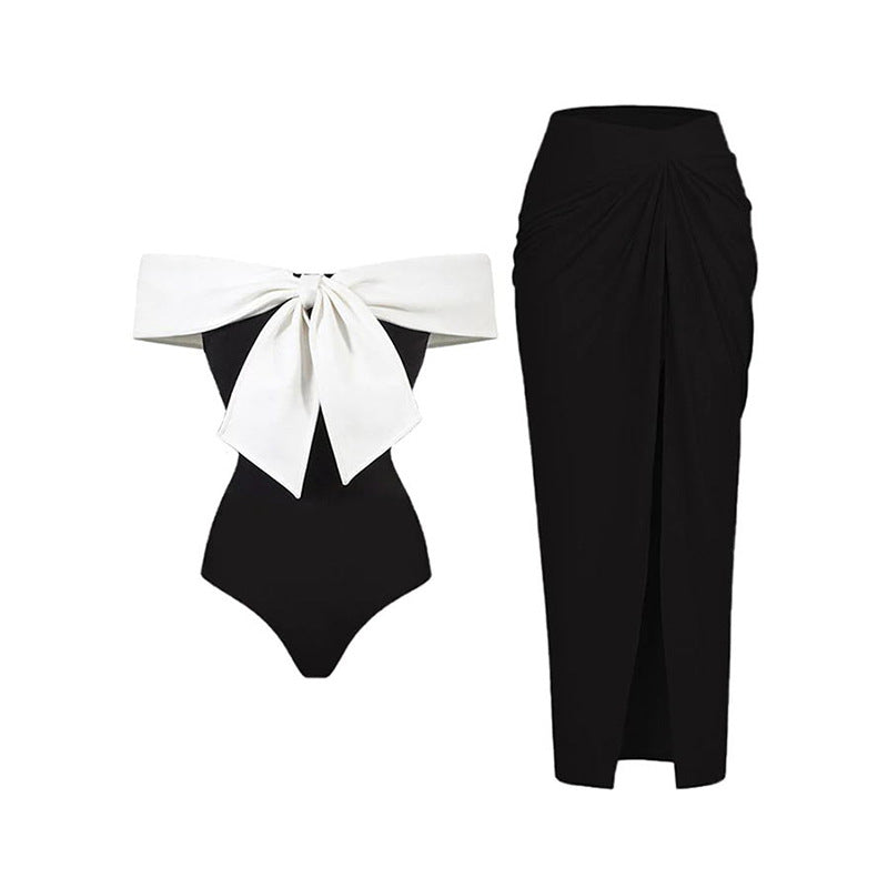 Solid Color Sexy Bandeau One Shoulder Sunscreen Beach Dress One Piece Ladies Two Piece Set Swimsuit