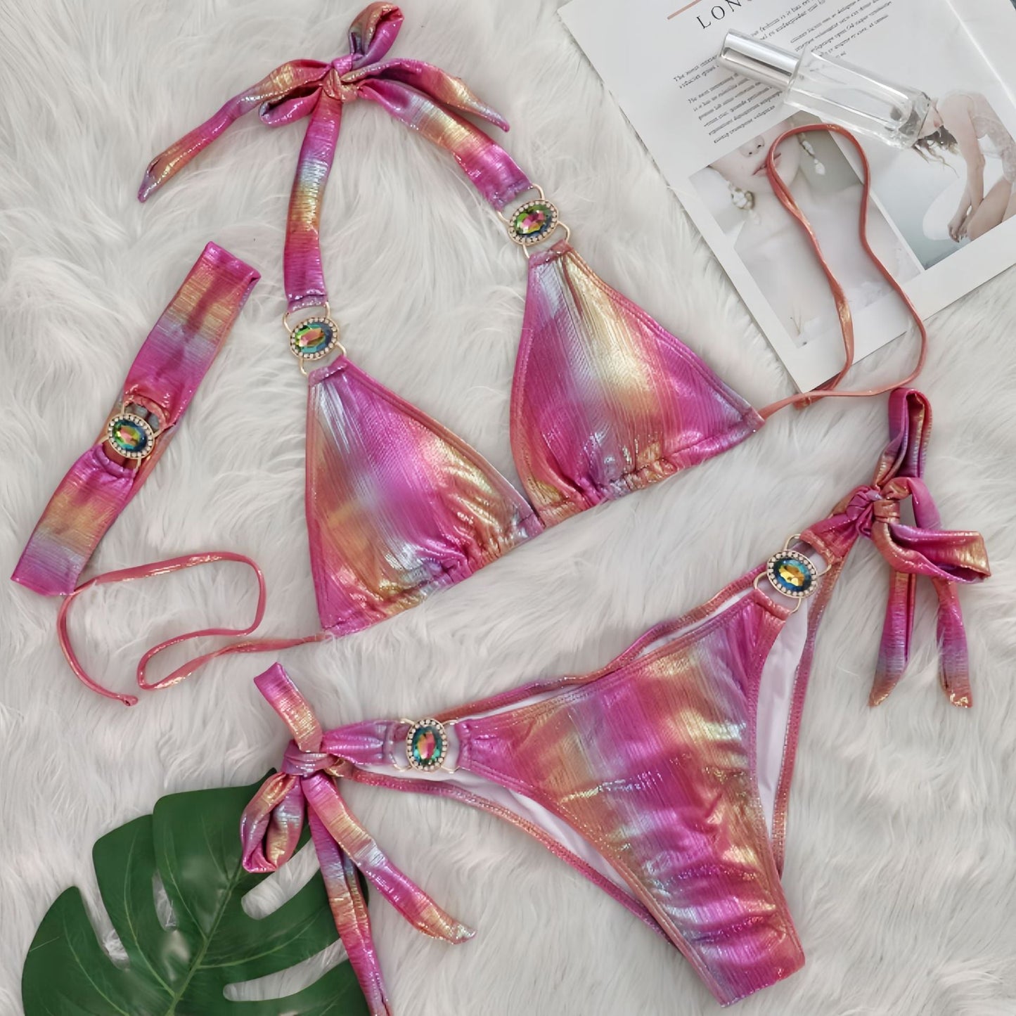 Sexy Bikini Crystal Diamond Three Piece Split Swimsuit Beach Shiny Women Swimsuit