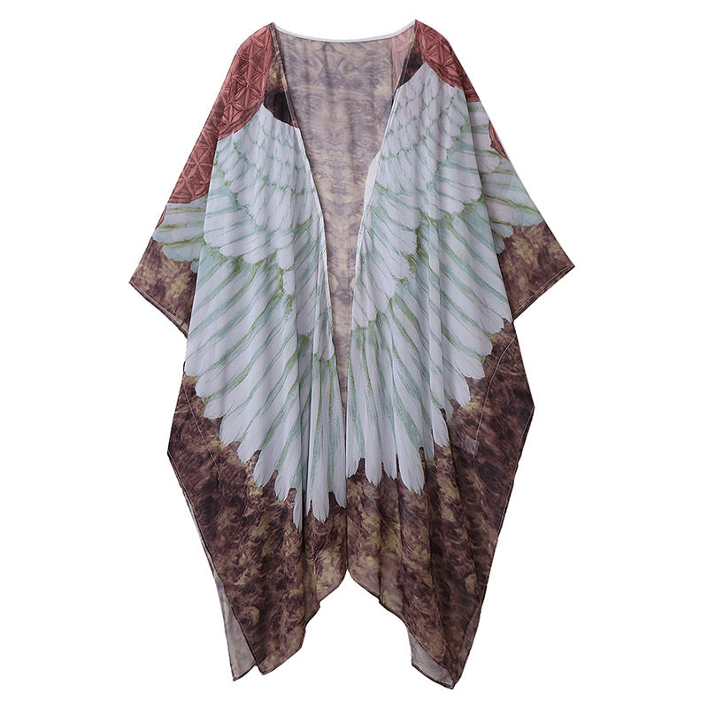 Beach Cover Up Wings Printing Wing Loose Long Long Sleeve Knitted Cardigan Sunscreen Beach Cover Up