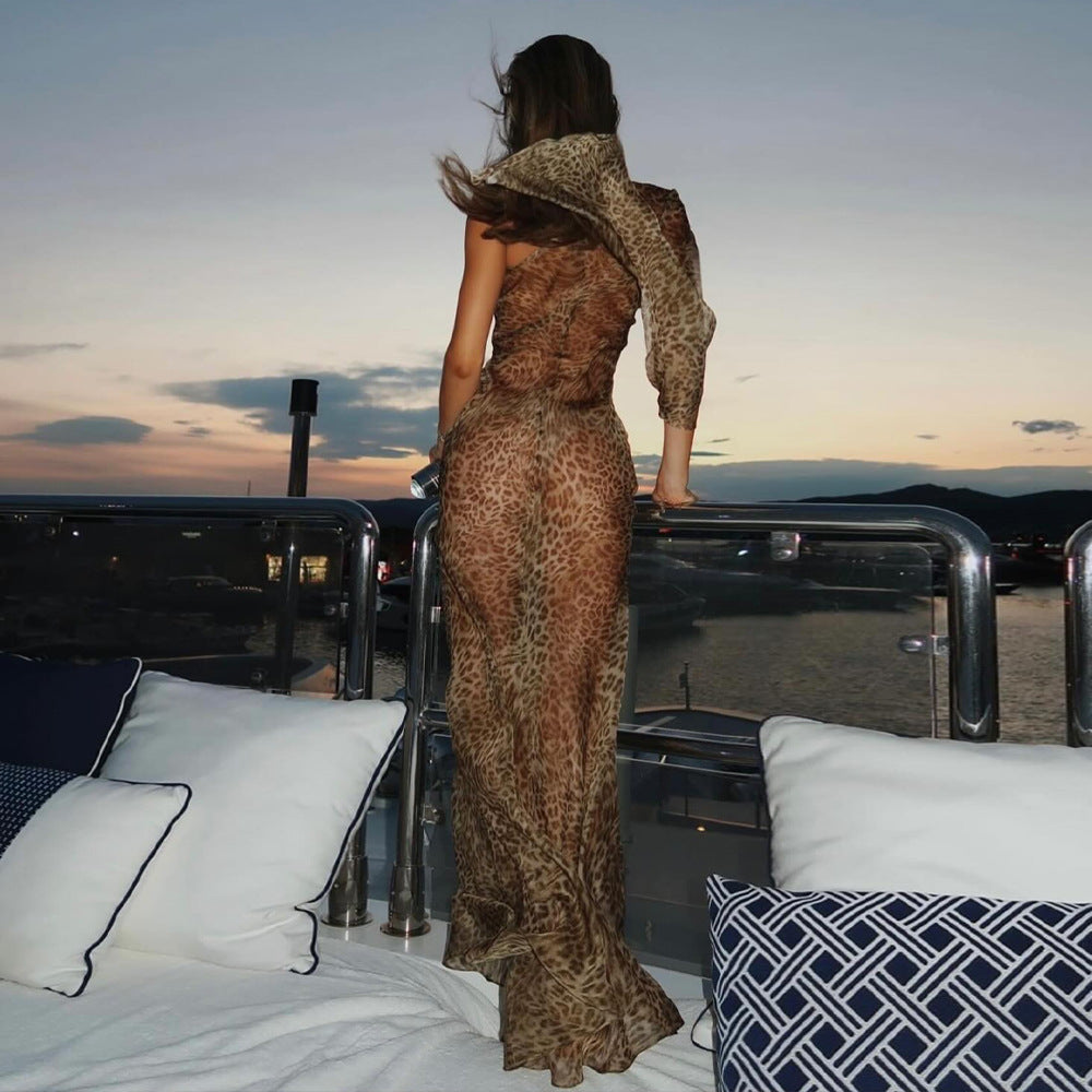 Summer Leopard Print Dress Sexy See through Shoulder Single Sleeve Slim Fit Sexy Dress