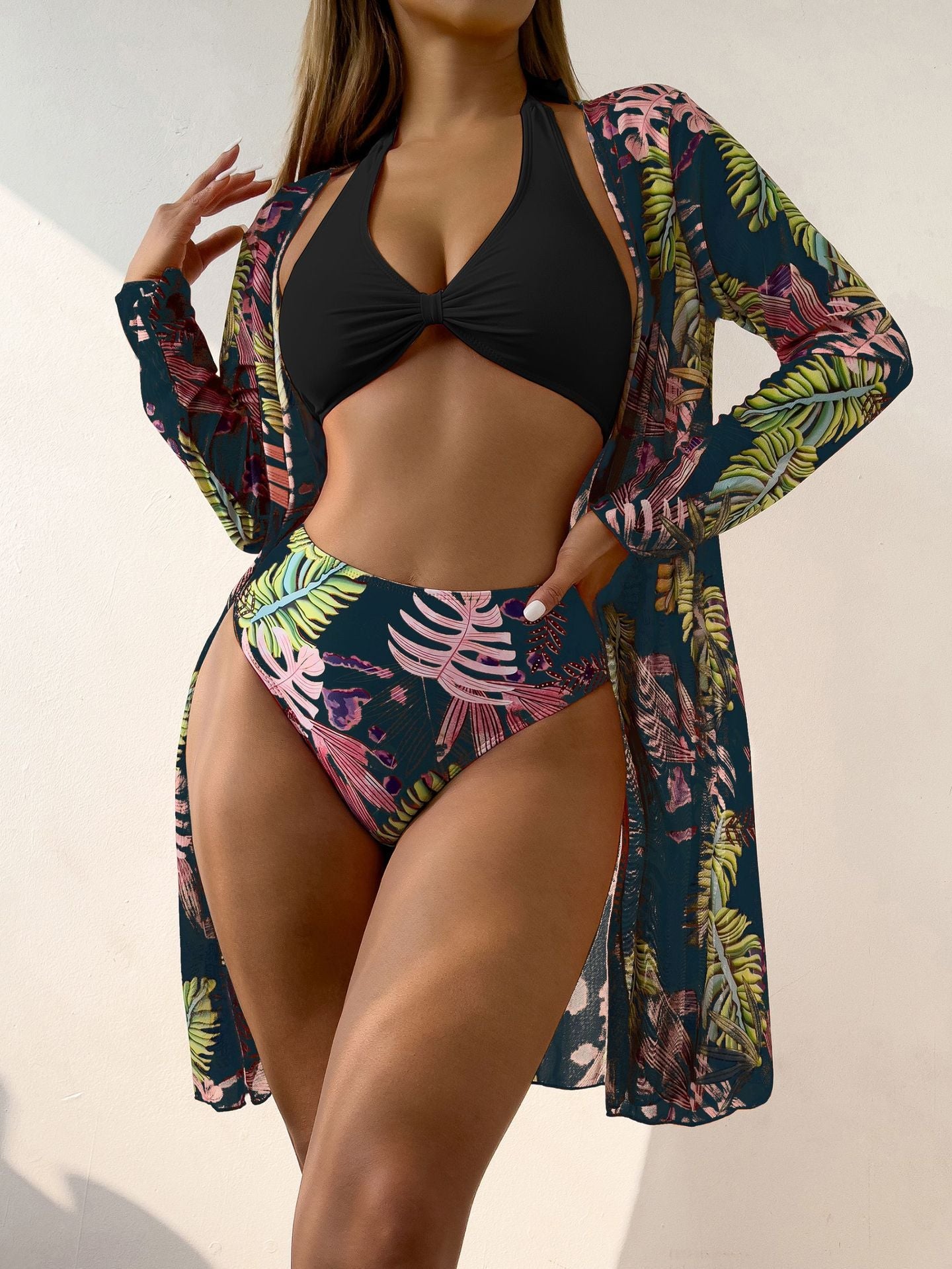 Bikini Women Split Three Piece Long Sleeve Shawl Blouse Swimsuit