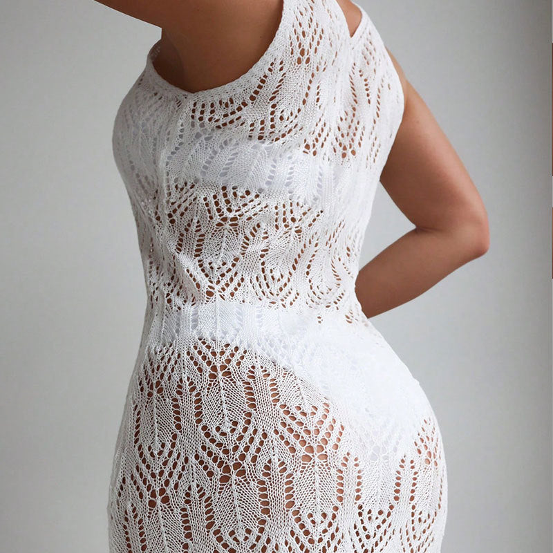 Beach Blouse Seaside Holiday Outdoor Hand Hook Mesh Blouse Women Sleeveless Hollow Out Cutout Sun Protection Dress