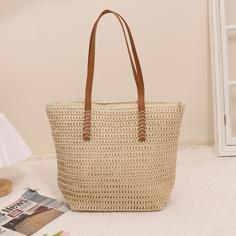 Simple Shoulder Large Capacity Straw Bag Women Summer Straw Bag Woven Bag Seaside Vacation Beach Bag Rattan Weave Bag
