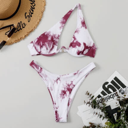 Sexy Women Seperated Swimwear Solid Color One Shoulder Underwire Bikini