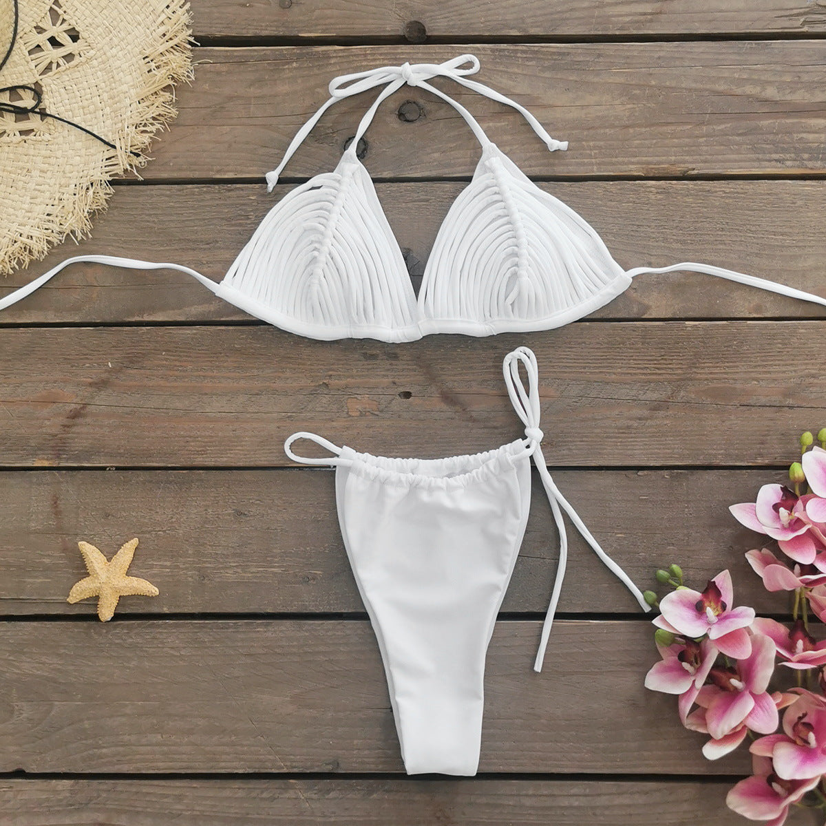 Three Point Solid Color Lace Up Bikini Sexy Backless Split Swimsuit Women Bikini