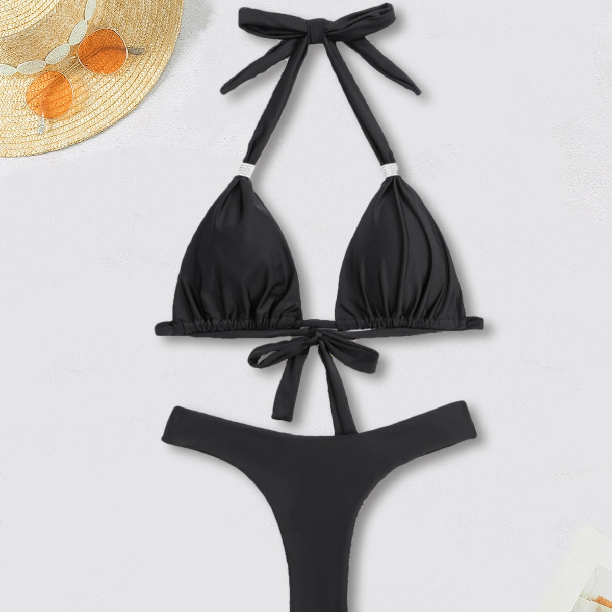 Bikini Solid Color Tied T Shaped Sexy Bikini Split Swimsuit Swimwear