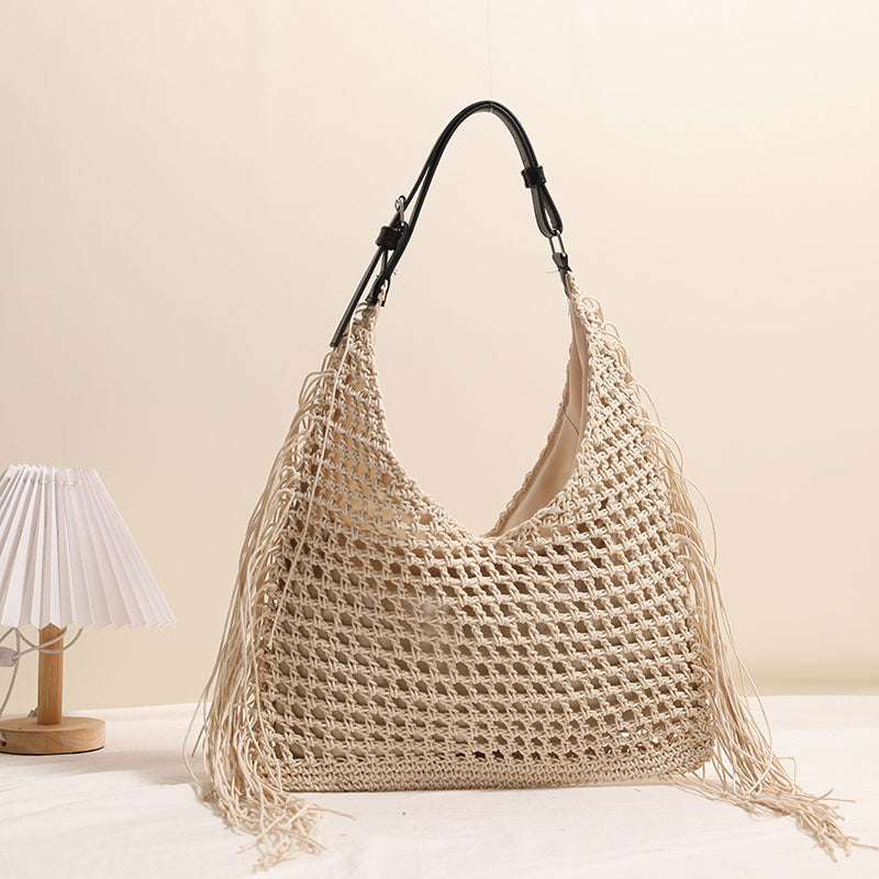 Tassel Shoulder Straw Bag Hollow Out Cutout Woven Bag Seaside Vacation Beach Bag Large Capacity Straw Bag