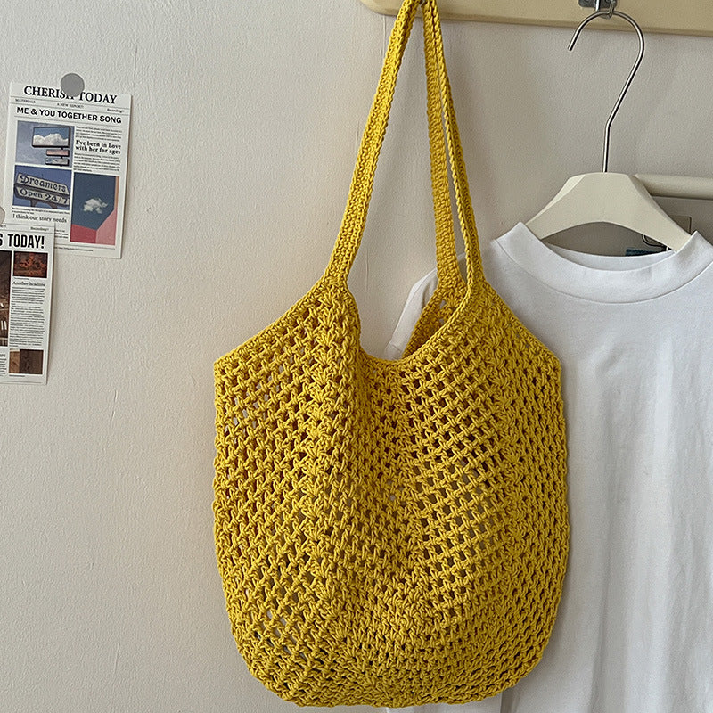 Casual Large Capacity Cotton Thread Woven Bag Hollow Out Cutout Straw Bag Idle Shoulder Bag Vacation Beach Bag Women Bag