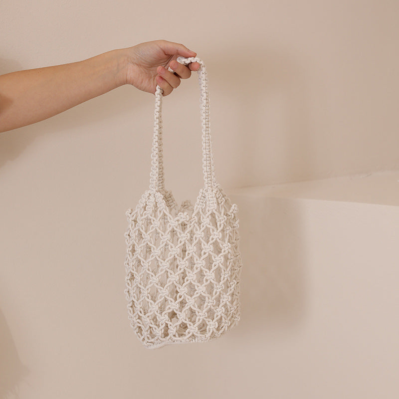 Hollow Out Cutout Cotton Thread Woven Bag Shoulder Handmade Straw Bag Fishing Net Bag Seaside Vacation Beach Bag Women Bag