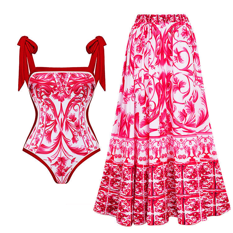 Double Sided Sexy Swimsuit Women Conservative Spring Vacation Swimsuit Wrap Skirt Set