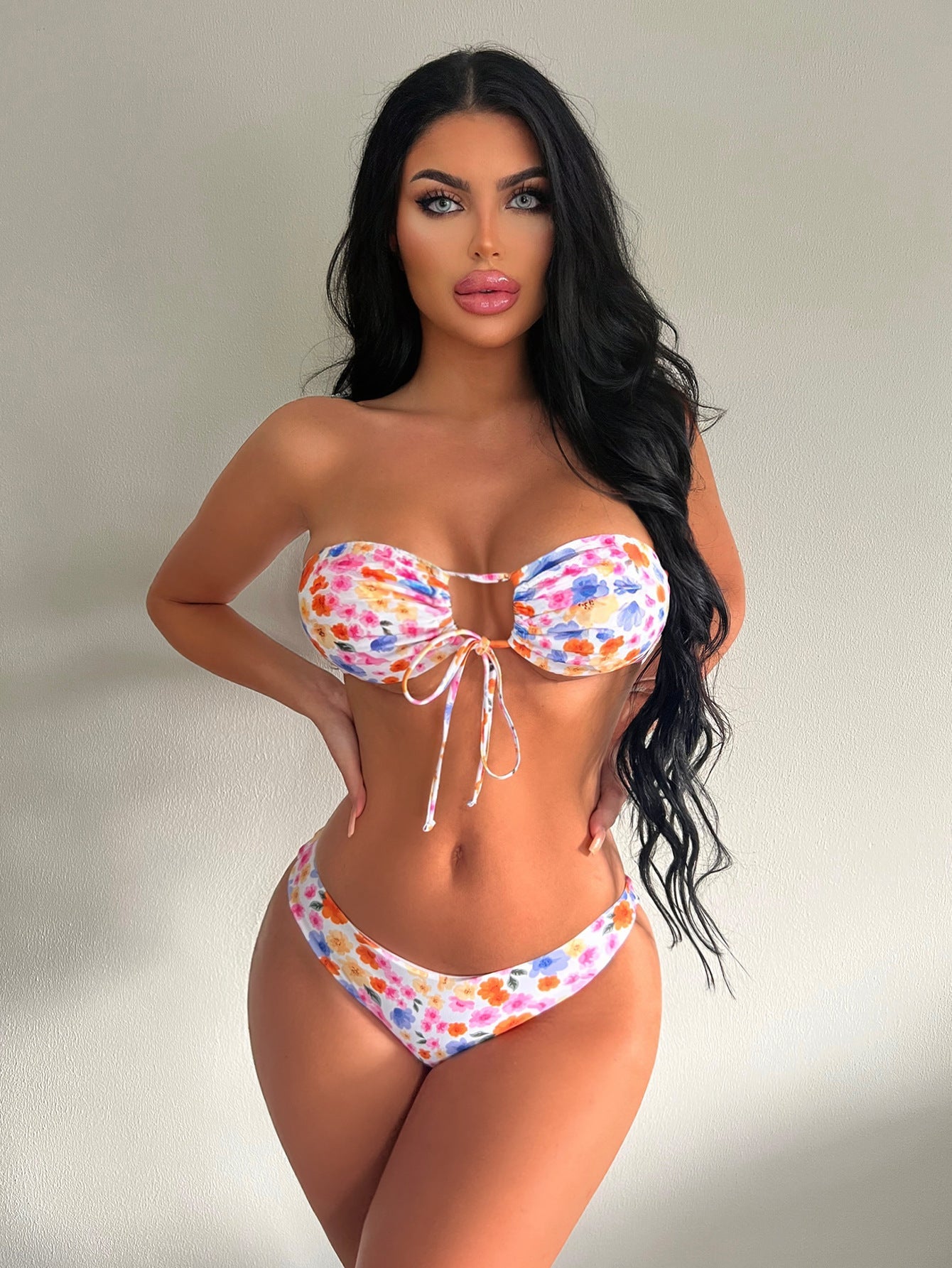 Swimsuit Women Floral Strapless Bikini Backless Lace up Split Swimsuit