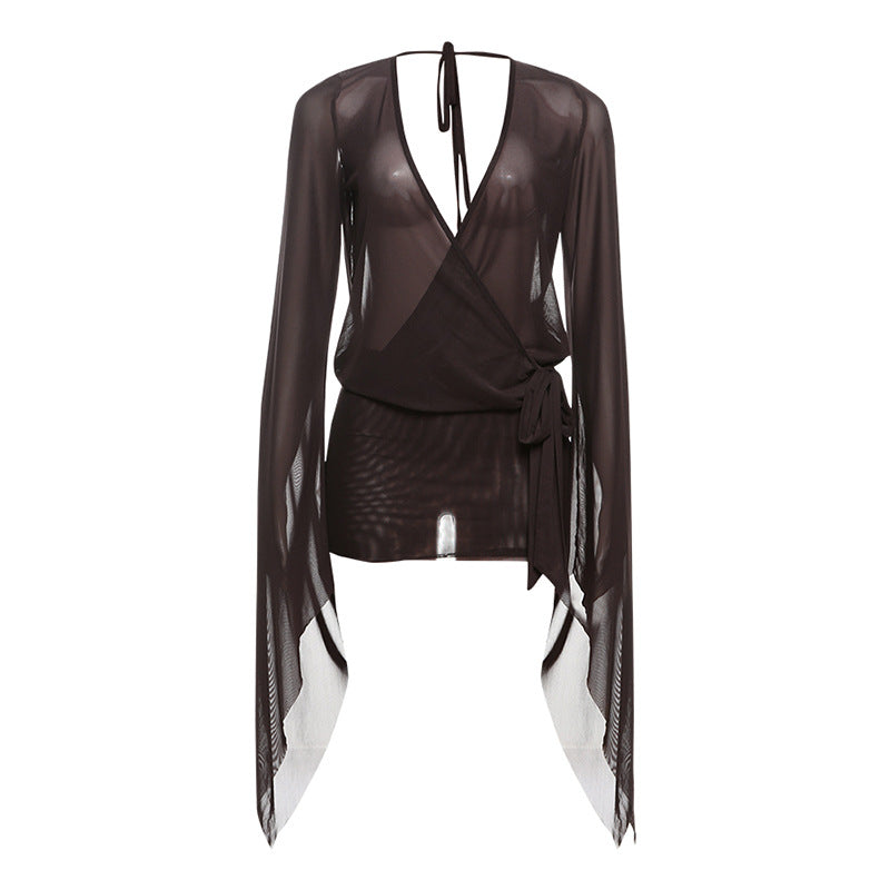 Spring Sexy Deep V Plunge See through Backless Lace up Solid Color Sheath Short Dress Women