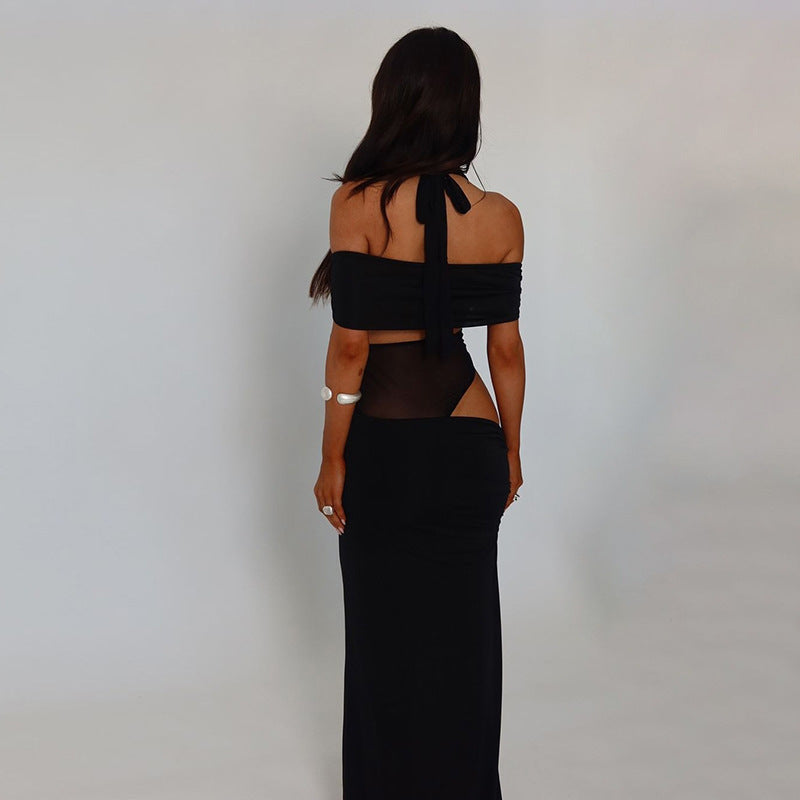 Spring Women Clothing Sexy Halter Mesh Slim Fit Patchwork Backless See through Dress