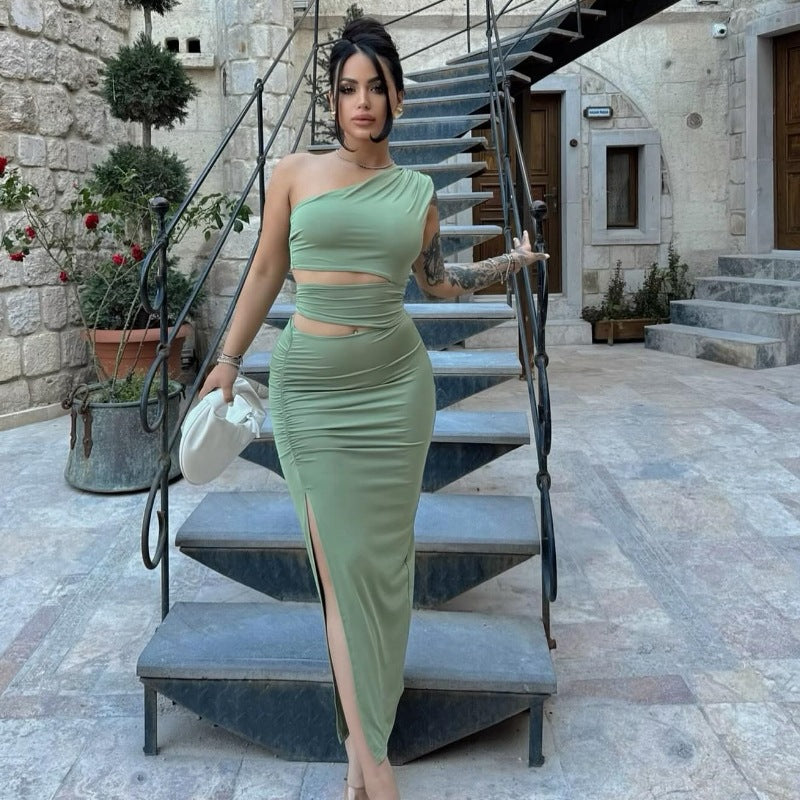 Solid Color Slim Fit Oblique Shoulder Sexy Cutout Sexy Split Irregular Asymmetric Dress