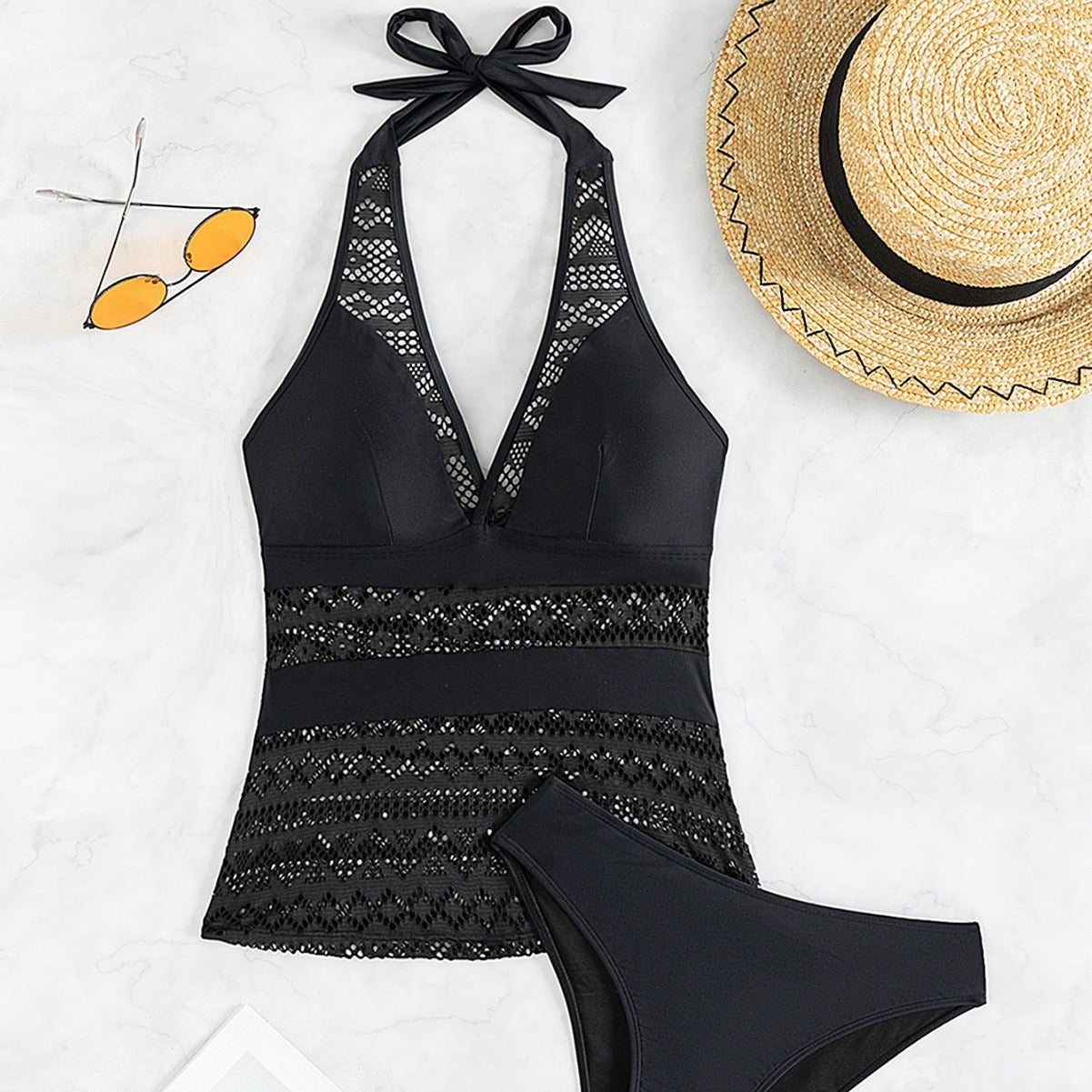 Lace Stitching Tankini Solid Color Sexy Bikini Split Swimsuit for Women