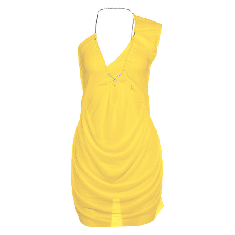 Summer Women Clothing Sexy Solid Color Hollow Out Cutout One Shoulder V neck Short Dress