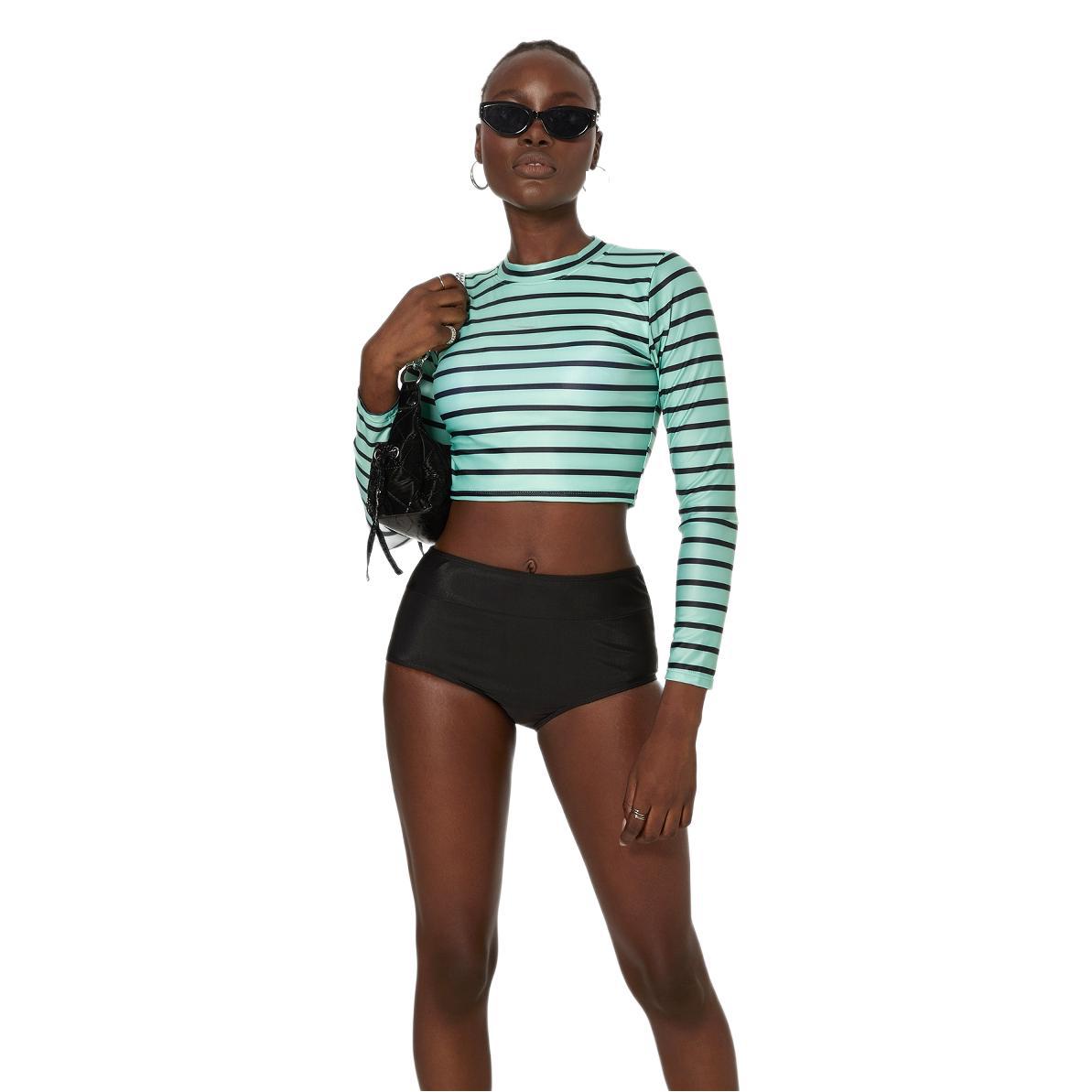 Striped Split Long Sleeve Spring High Waist High Waist Swimwear Women Swimsuit