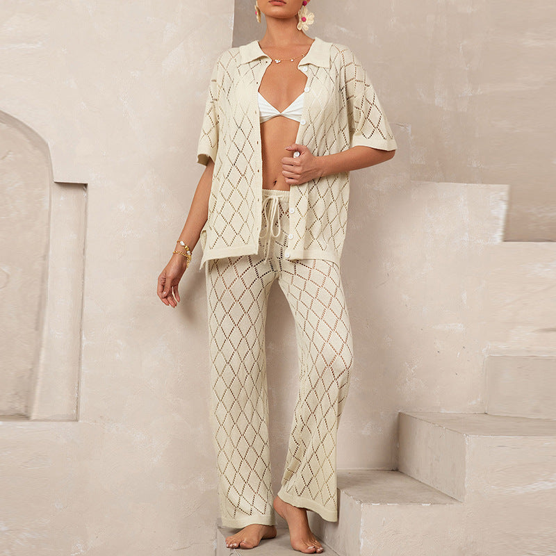 Beach Short Sleeved Shirt Trousers Hollow Out Cutout out See through Casual Knitted Vacation Elegant Sun Protective Blouse Two Piece Sets