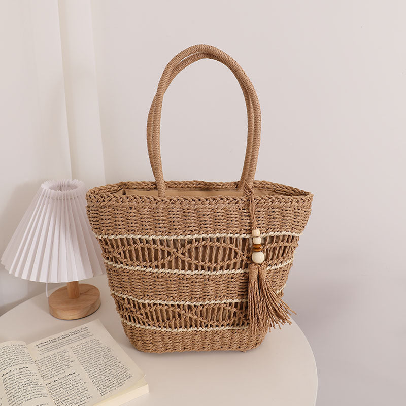 Hollow Out Cutout Shoulder Straw Bag Tassel Portable Straw Bag Woven Bag Vacation Beach Bag Women Bag