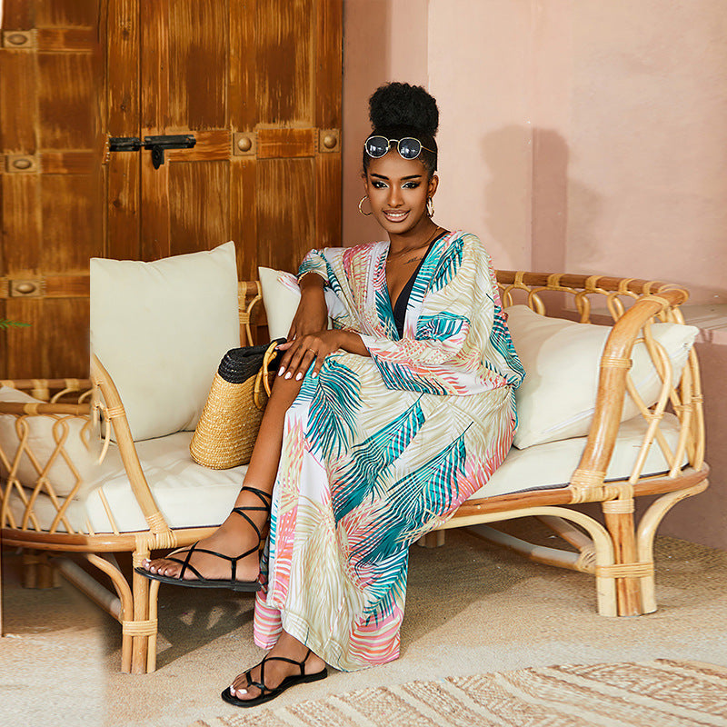 Rayon Printed Sunscreen Cardigan Beach Jacket Loose Long Vacation Bikini Swimsuit Blouse Women