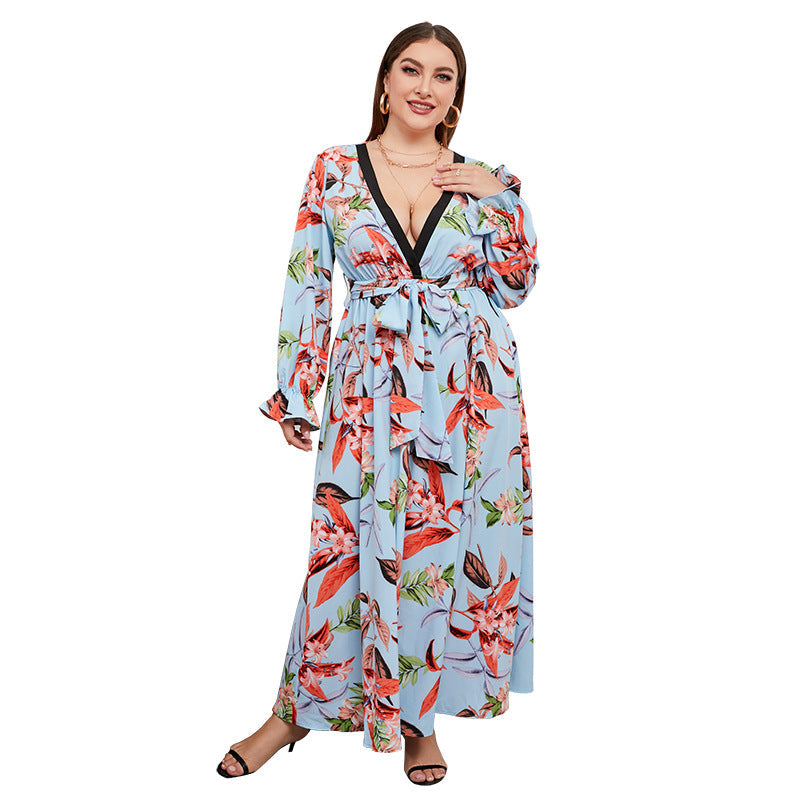 Plus Size Spring Autumn Waist-Controlled Large Hem Maxi Dress V-neck Plant Floral Print Maxi Dress