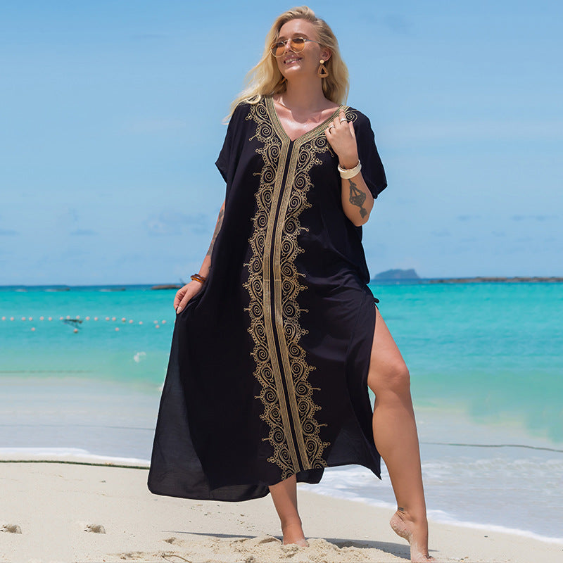 Blue Embroidered Vacation Robe Loose Seaside Beach Dress Sun Protection Clothing Bikini Swimsuit Blouse