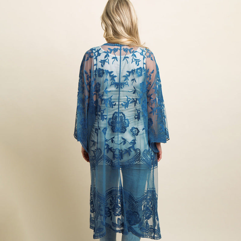 Sexy Grape Silk Embroidered Seaside Vacation Sun Protection Clothing Beach Jacket Bikini Swimsuit Outwear Cardigan for Women