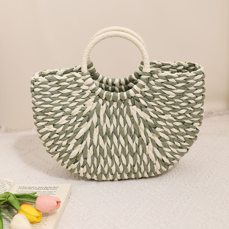 Niche Semicircle Portable Straw Weaved Bag Retro Color Hand Carrying Straw Bag Woven Bag Women Seaside Vacation Beach Bag