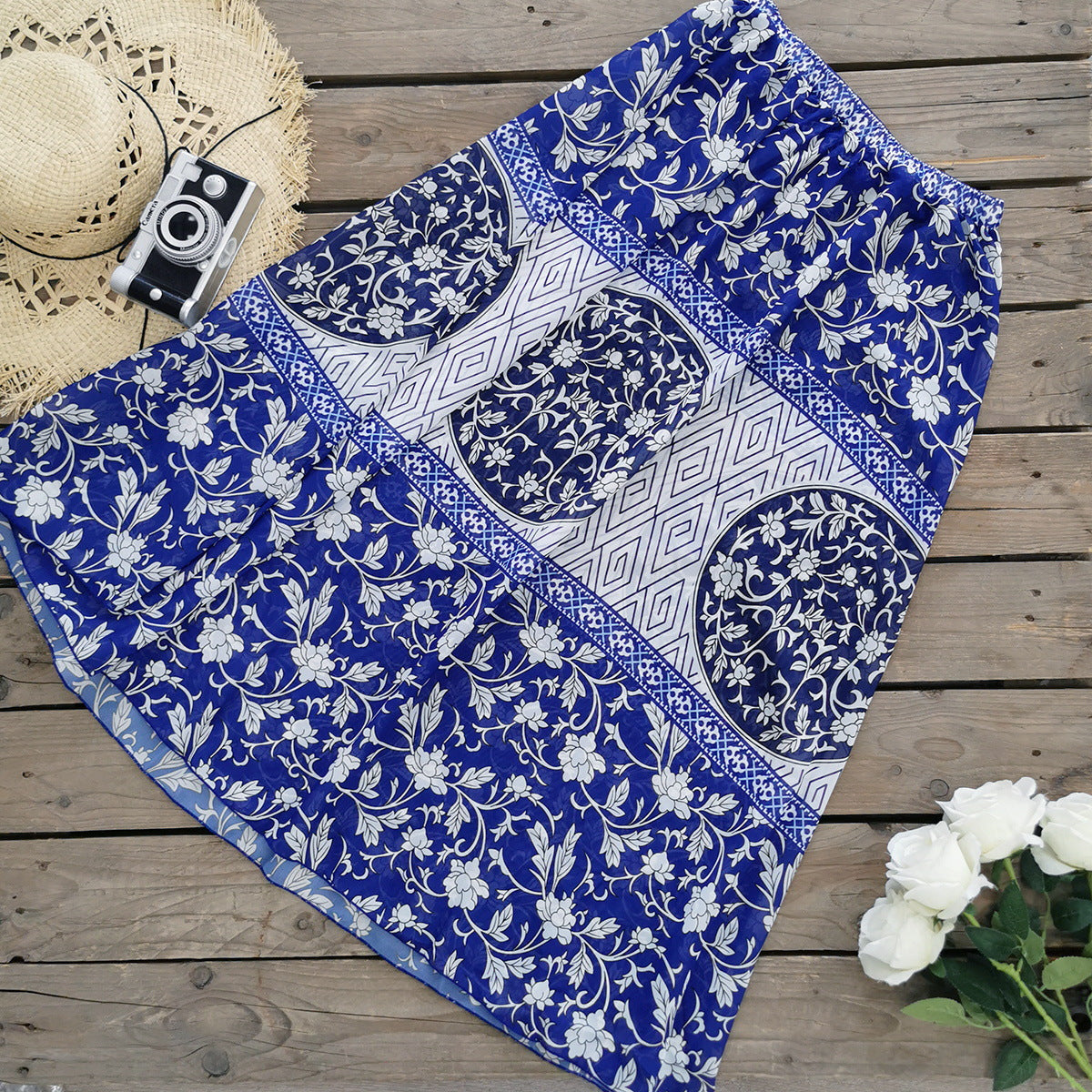 High Waist Lace Up Printed Split Swimsuit Women Bikini Skirt Three Piece Ruffled