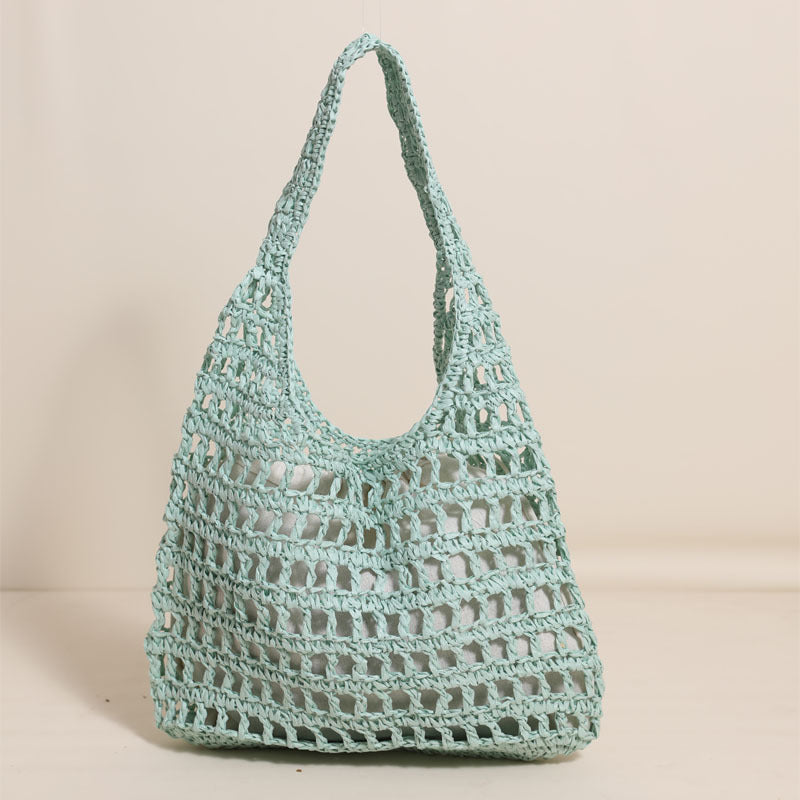 French Large Capacity Shoulder Straw Bag Hollow Out Cutout Tote Portable Straw Bag Woven Bag Seaside Vacation Beach Bag