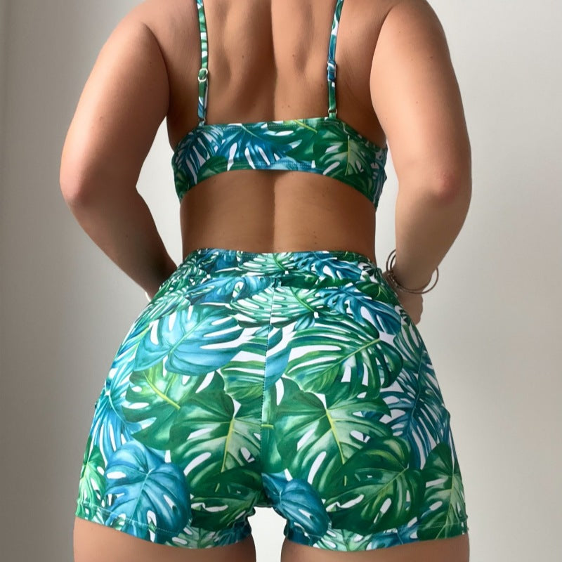 Tropical Plant Print Bikini Swimsuit Suit