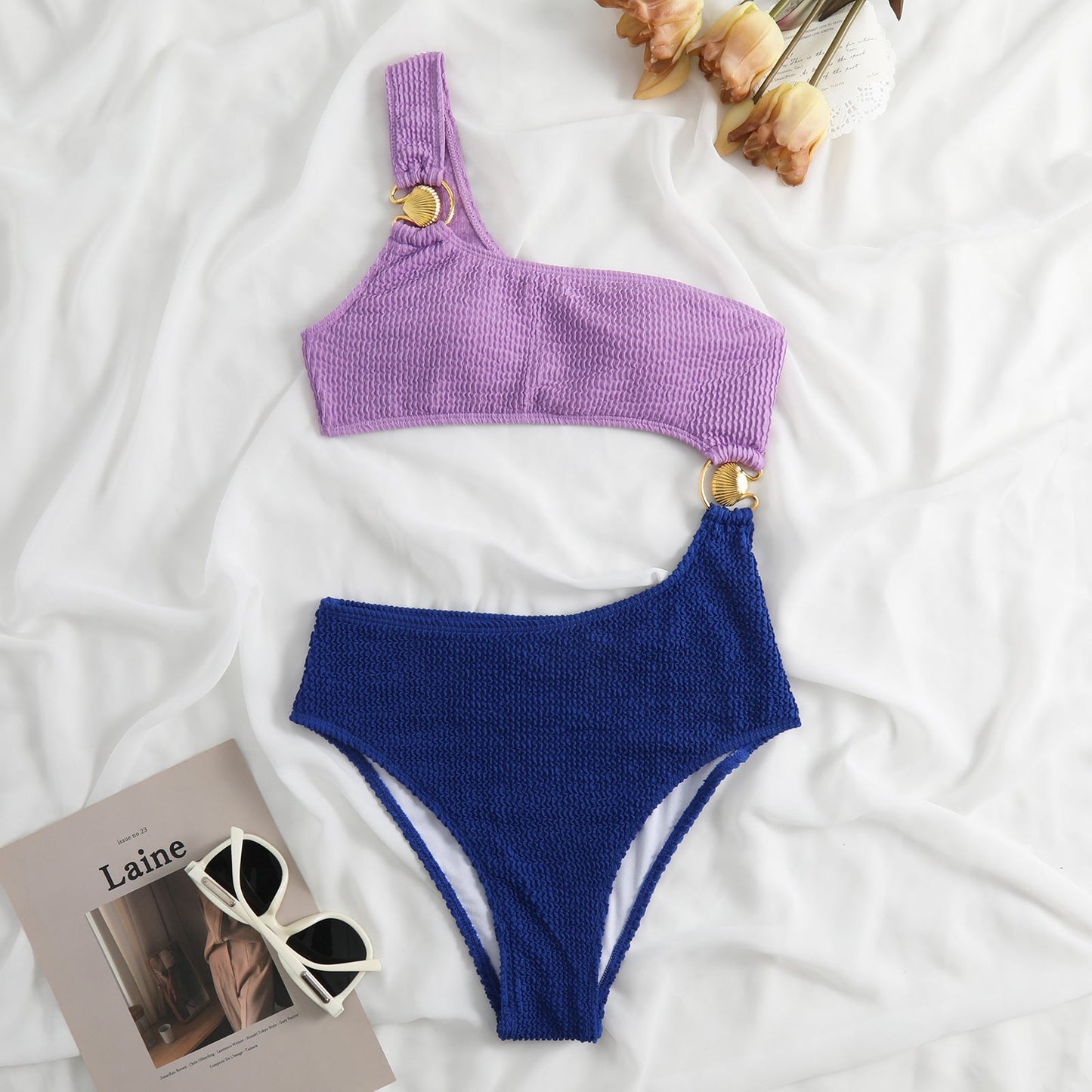 Contrast Color Bikini Swimsuit Women Wave Pattern Split Ring Swimsuit