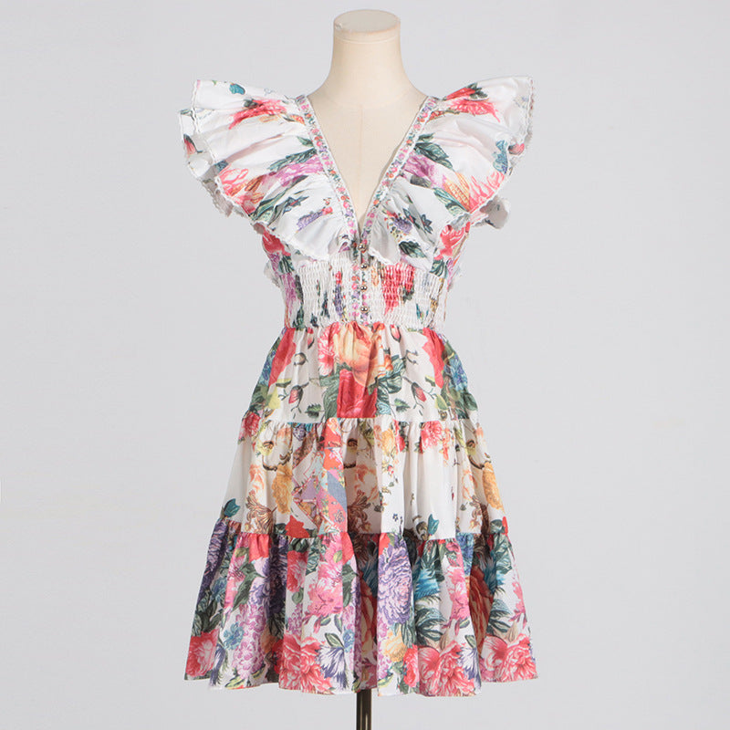 Brand Design Dress Flying Sleeves Printed Ruffled Aline Short Dress for Women