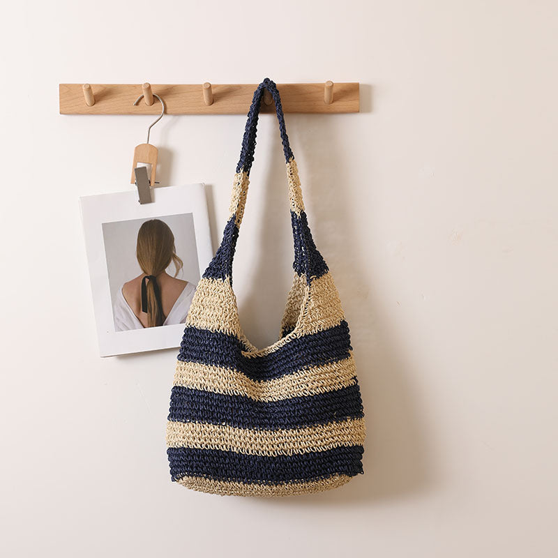 Large Capacity Striped Shoulder Straw Bag Hand Crocheted Straw Bag Woven Bag Seaside Vacation Beach Bag