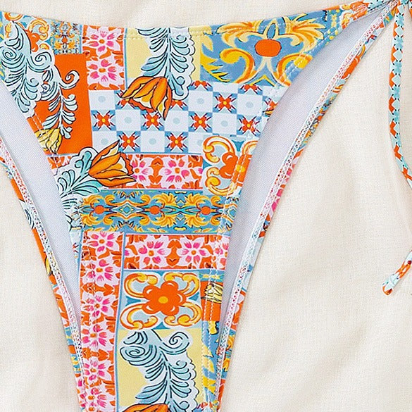 Bikini Triangle Cup Printed Lace up Sexy Bikini Swimsuit Swimwear Women