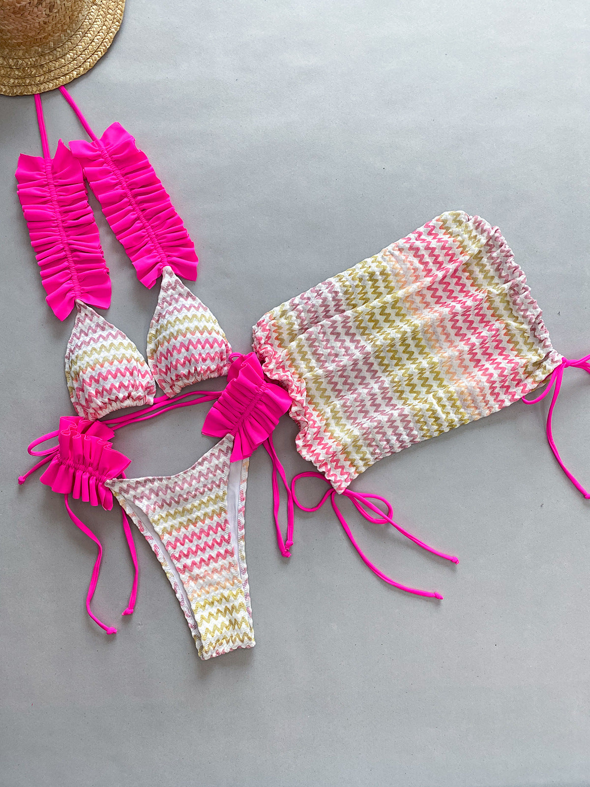 Three Piece Set Bikini Bikini Pleated Side Split Women Swimsuit