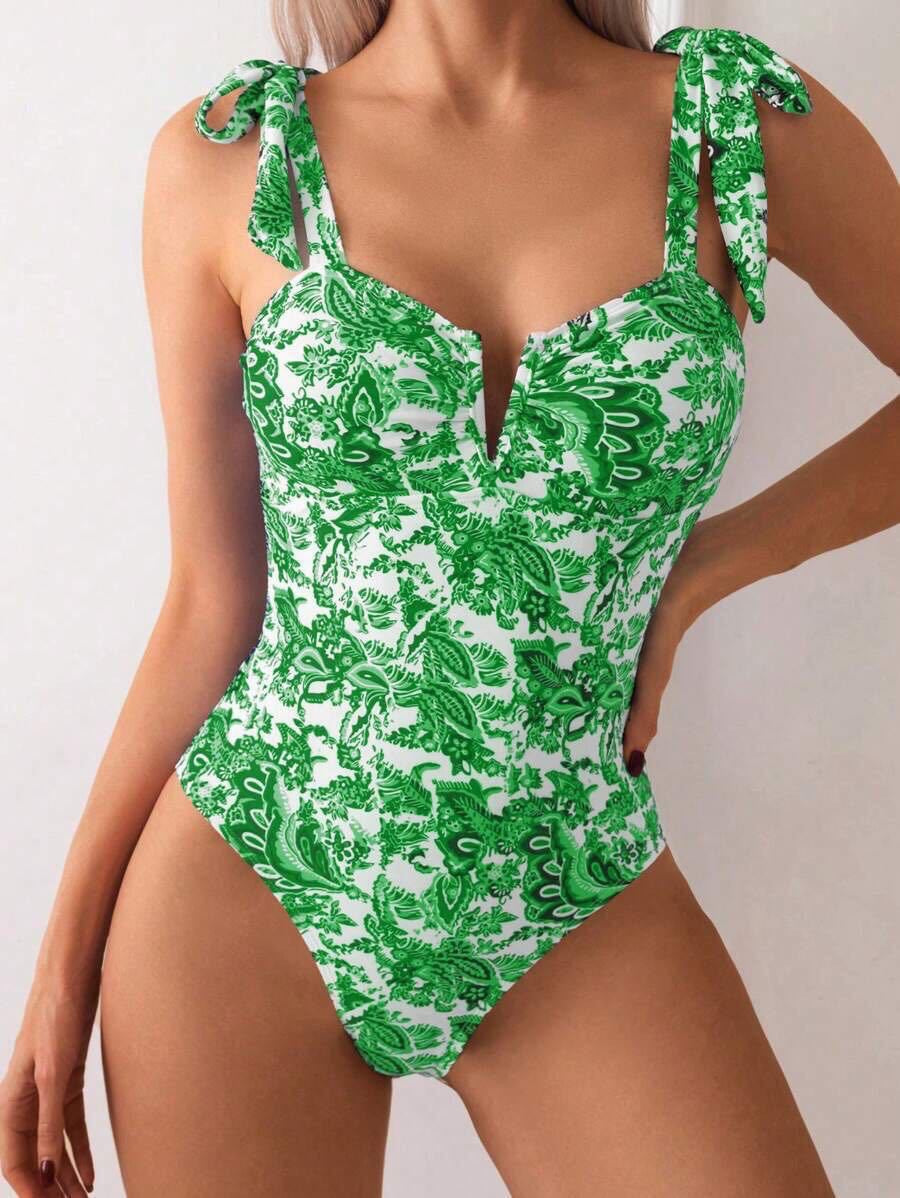 Bikini Siamese Conservative Swimsuit Digital Printed Belly Covered Slimming V Neckline Swimsuit