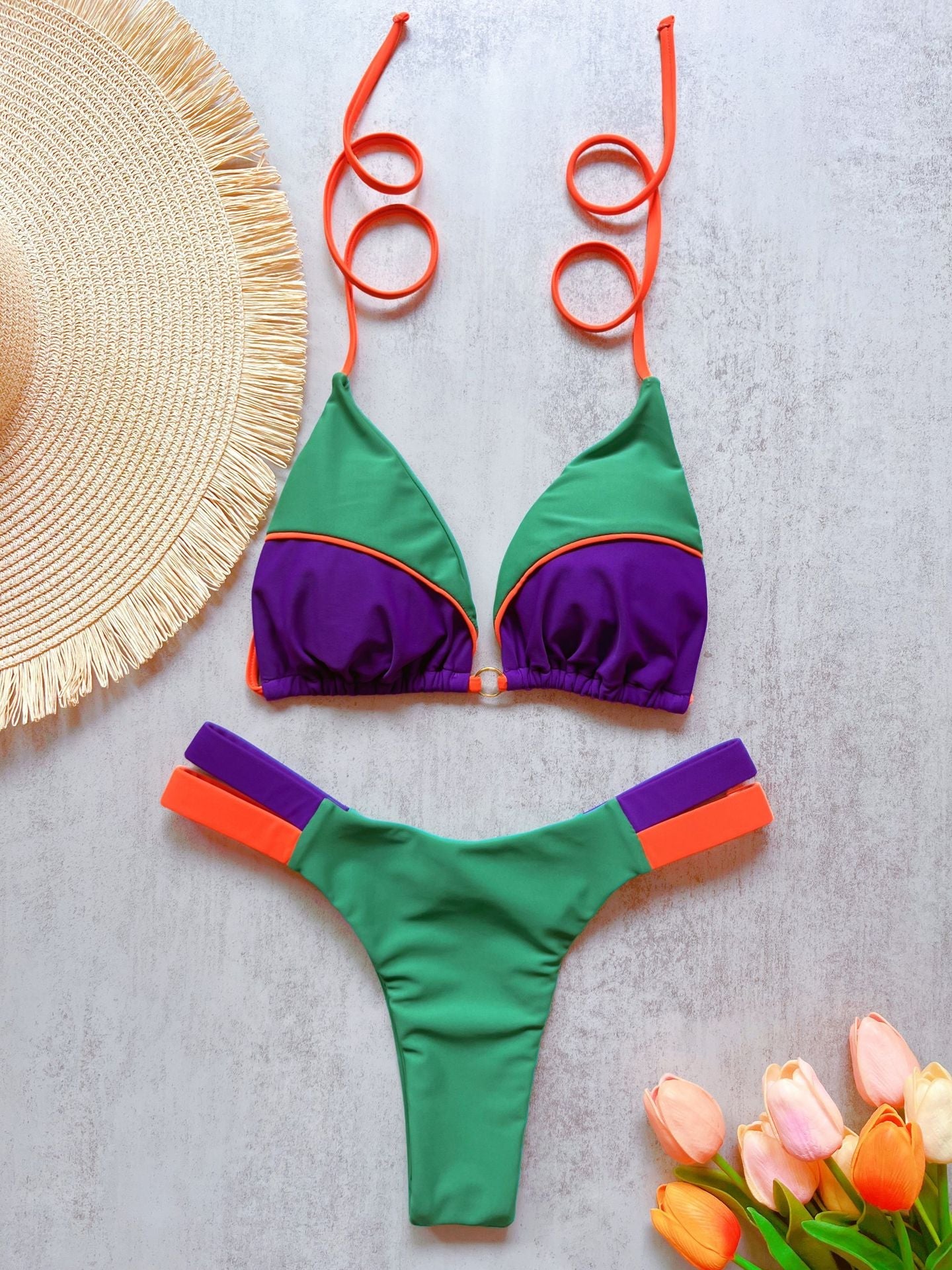 Bikini Solid Color Stitching Swimsuit Beach Sexy Women Swimsuit