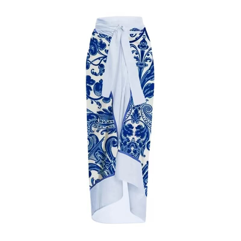 Lonkey Women Swimsuit Blue White Porcelain Printed Three Piece Split Swimsuit Women