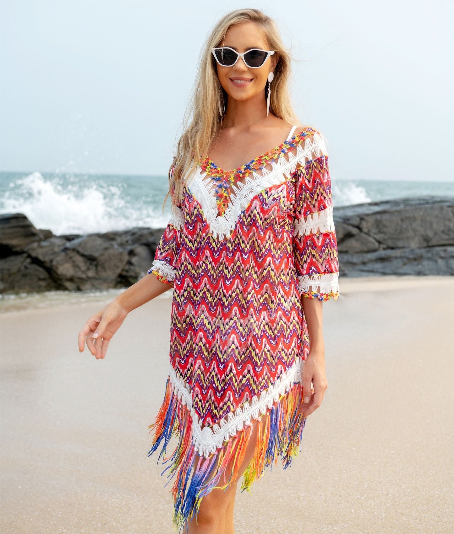 Hand Crocheting Wool Yarn Vacation Sexy Lace Beach Tassel Swimsuit Smock Dress