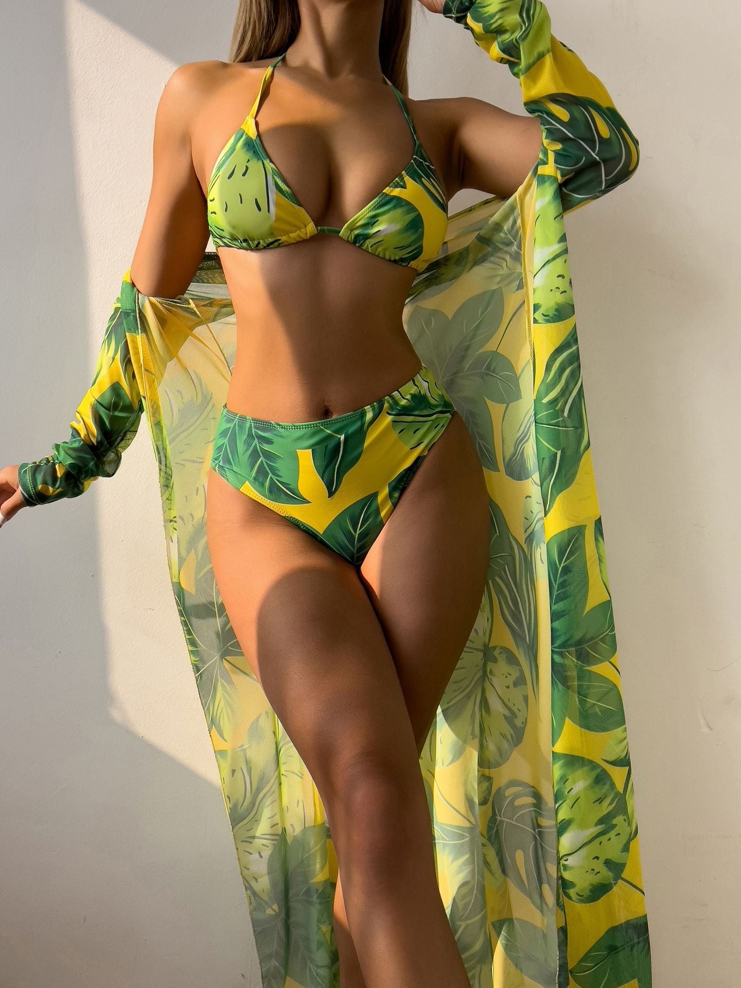 Printed Three Piece Set Mesh Shawl Bikini Swimsuit Swimwear
