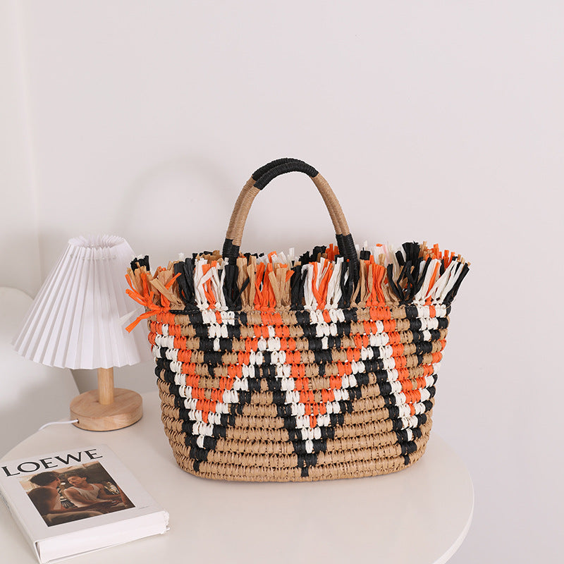 Color Matching Loose Edge Straw Bag Loose Edge Portable Color Matching Woven Bag Seaside Vacation Beach Bag Women Bag