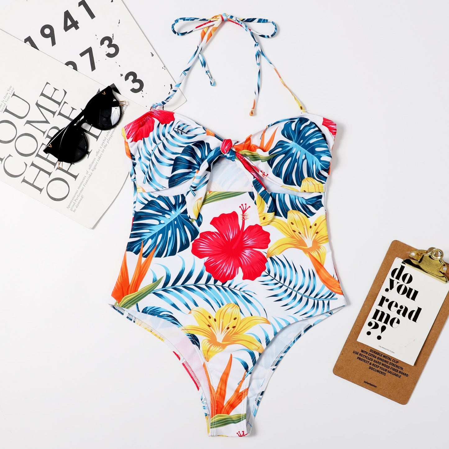 Lady Sexy Sling Triangle One Piece Bikini Swimsuit Solid Color Printing Swimsuit