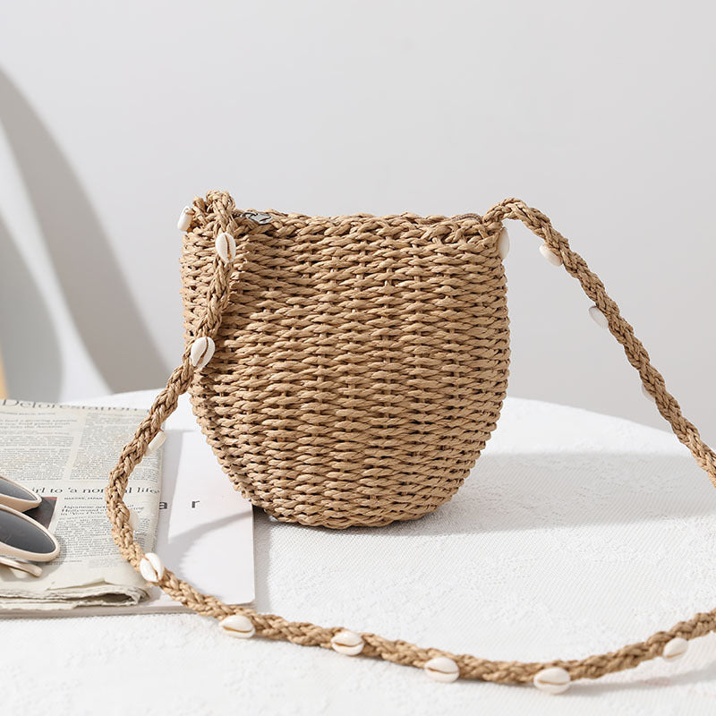 Cute Straw Bag Women Single Shoulder Crossbody Shell Straw Bag Woven Bag All Match Seaside Vacation Beach Bag