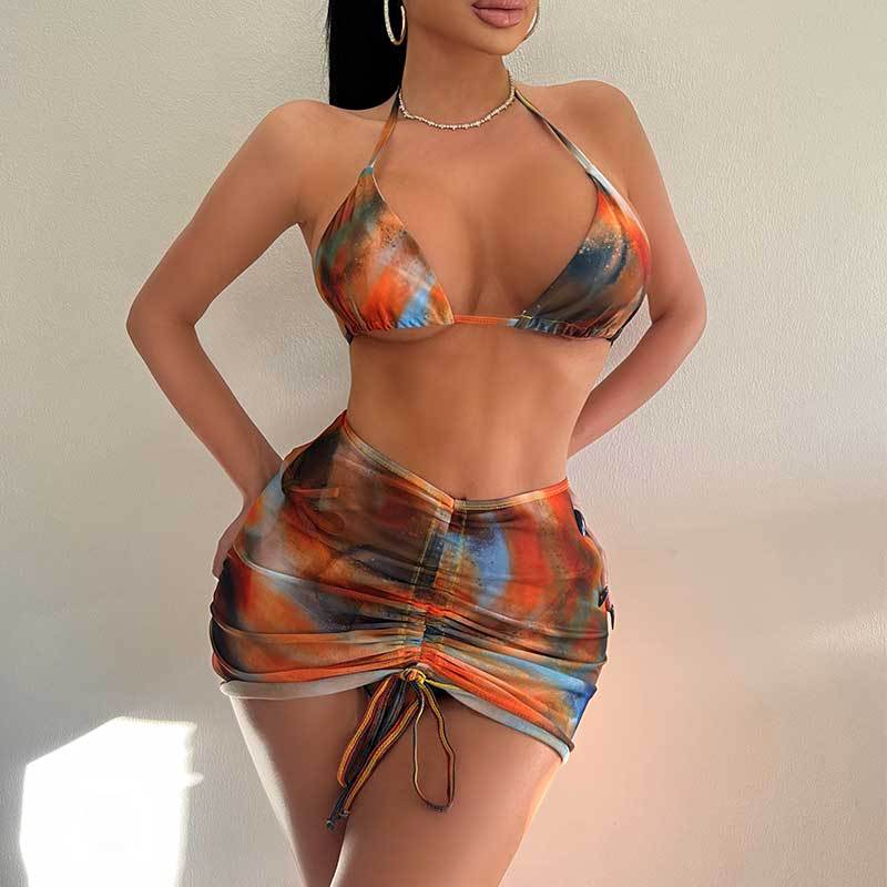 Swimsuit Three Piece Set Printed Sexy Lace Up Bikini Hip Skirt Bikini Swimsuit