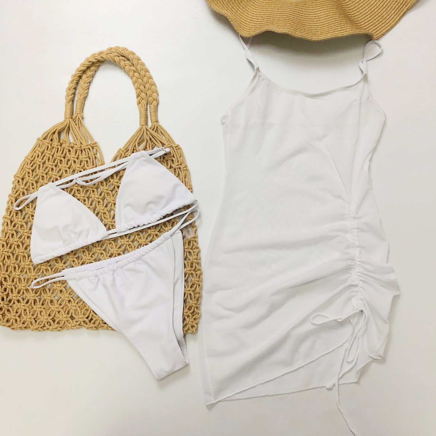 Women Swimsuit Beach Sun Protection Clothing Mesh Beach Cover up Bikini Three Piece