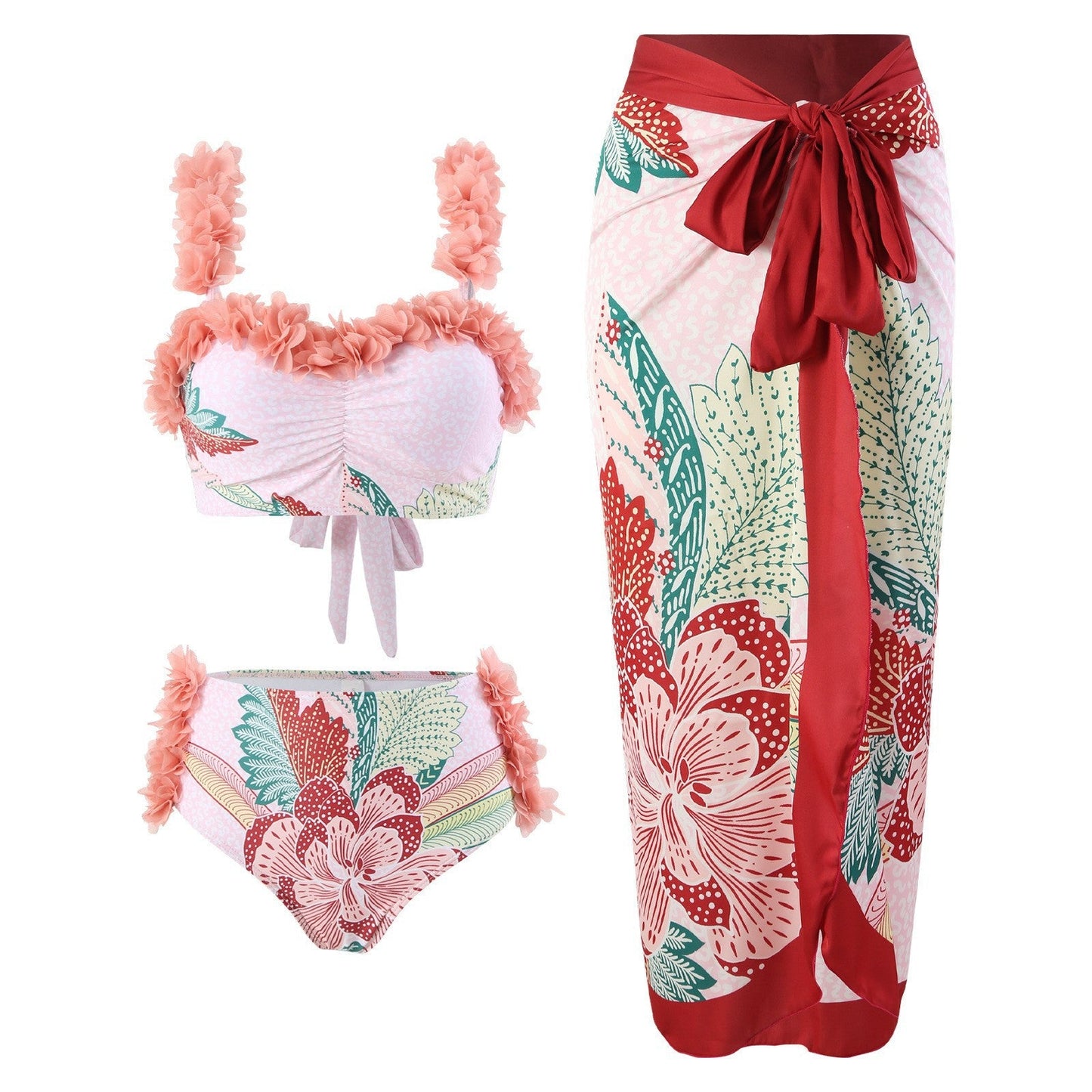Three Piece Set Swimsuit Customized Printed Steel Bracket Push up Petals Gauze Skirt Swimsuit Women