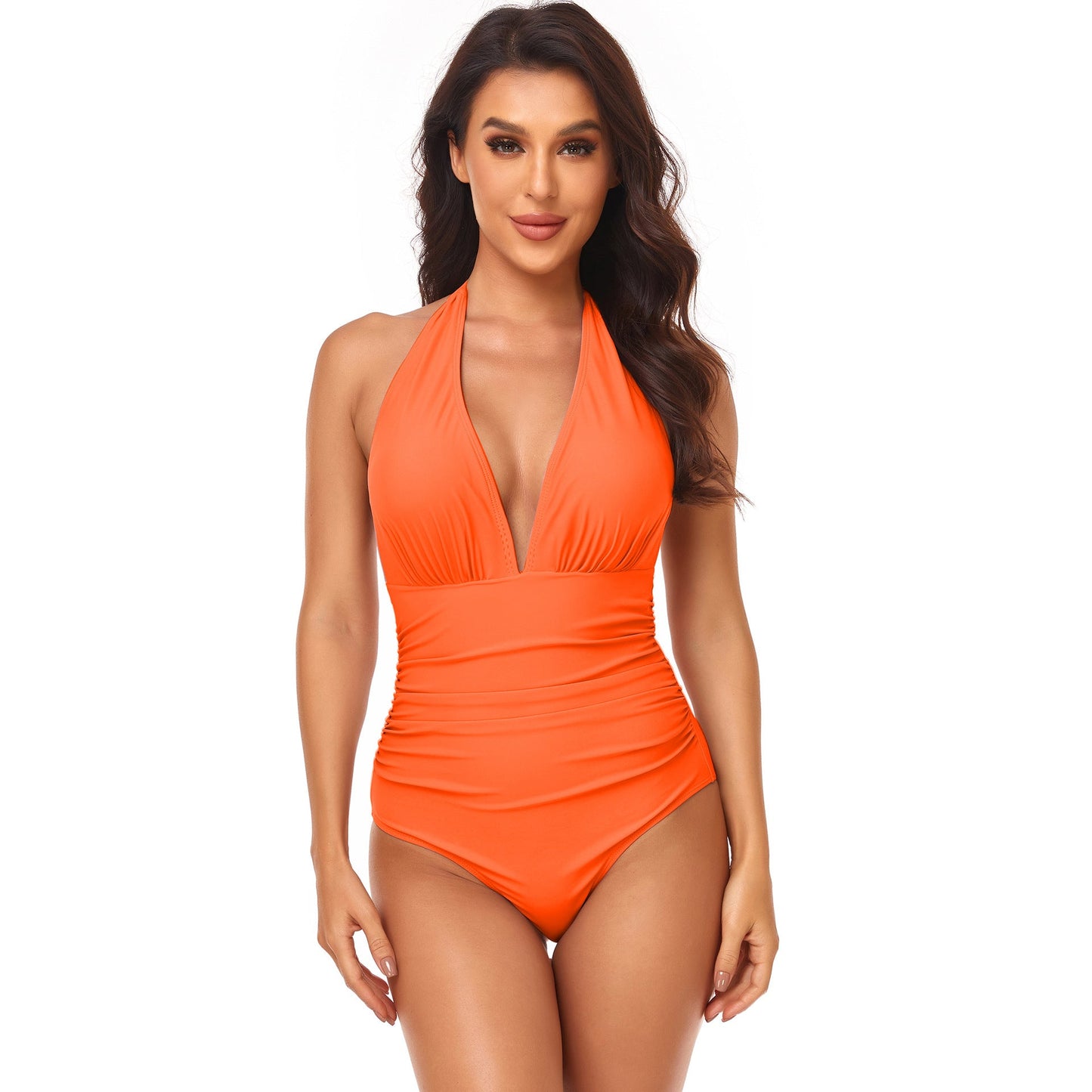 Solid Color One Piece Swimsuit Pleating Halter Swimsuit Popular One Piece Swimsuit