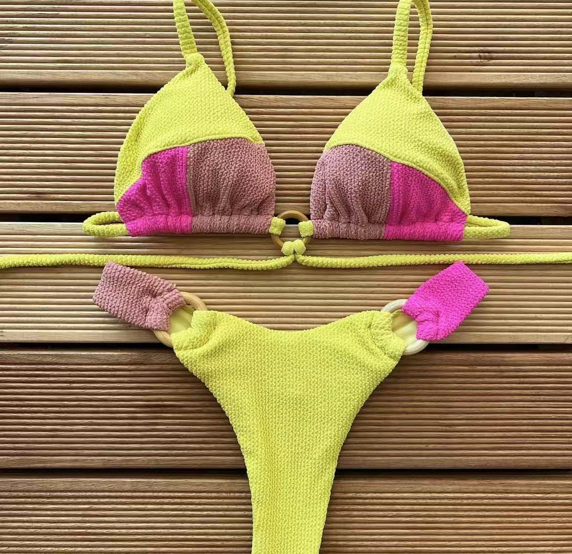 Rib Fabric Stitching Solid Color Bikini Sexy Backless Split Swimsuit Nylon Bikini